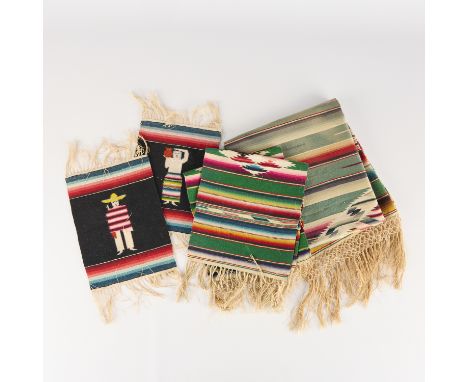 Group of five vintage Mexican serape, sarape or jorongo blanket, shawl, or cloak textiles, early 20th century. All with vibra
