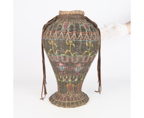Large handmade folk or outsider art woven and painted prison basket from the Anamosa State Penitentiary, Iowa, ca. 1930s. Coa