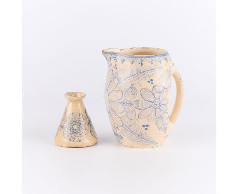 Rare Mexican folk art "Tlaquepaque" tourist pottery pitcher and small conical bottle bud vase depicting blue glazed floral mo