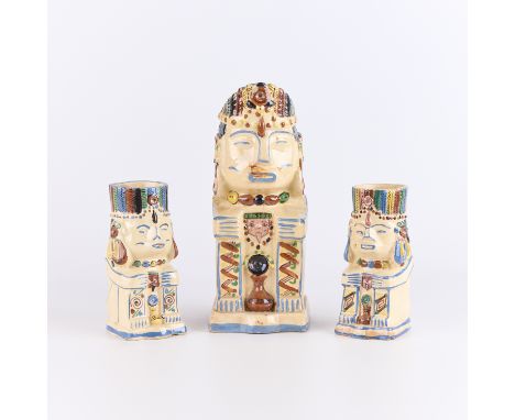 Set of three Mexican folk art "Tlaquepaque" tourist pottery pitcher and handled mugs or stein cups in the form of three Mayan