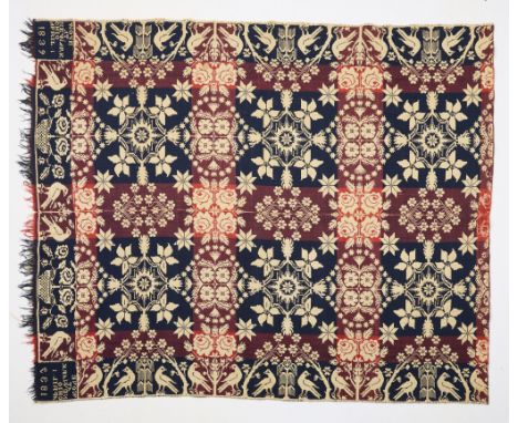 Antique Newark, Ohio woven wool coverlet or quilt blanket textile, 1839.Length: 7 ft 4 in x width: 5 ft 10 in. Condition: Wea
