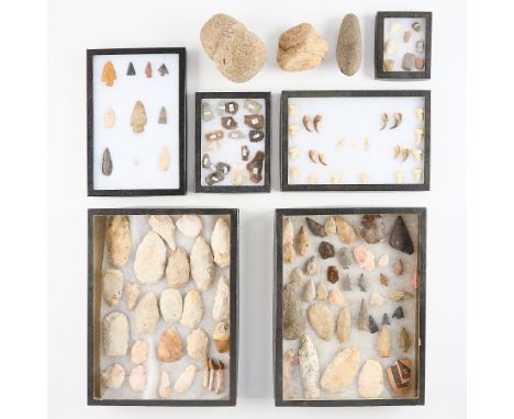Large group of Native American arrowheads, ground stone tools such as axe heads, and other artifacts.(Shipping dimensions) He