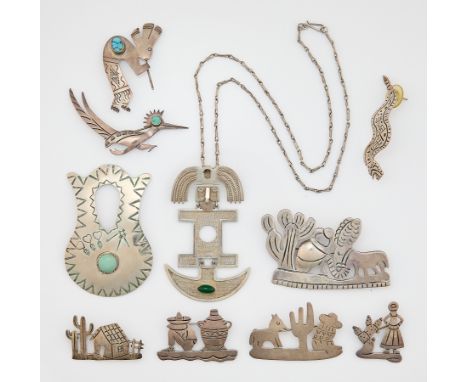 Group of 11 pieces of figural Taxco and Southwest jewelry including:One pair of Mexican sterling silver snake earrings on pos