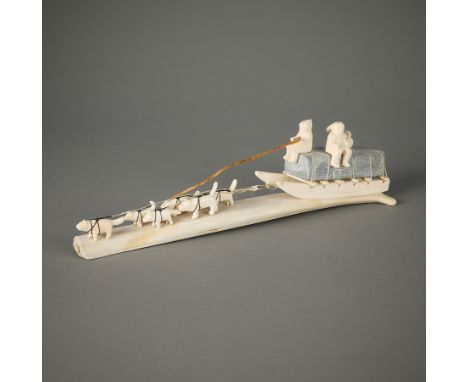 Mark Tugilik (Inuit (Naujaat - Repulse Bay), 1913-1986). Bone, stone, sinew and cotton thread tableau of a sled dog team and 