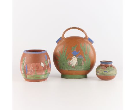 Group of three folk art Mexican opaco (opaque or matte) style "Tonala" tourist pottery vessels, ca. 1930s-1940s. Each depicti