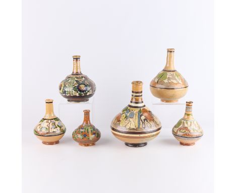 Group of six vintage Mexican folk art Tonala pottery in the "Tlaquepaque" style Petatillo ceramic carafe vases or water jugs 