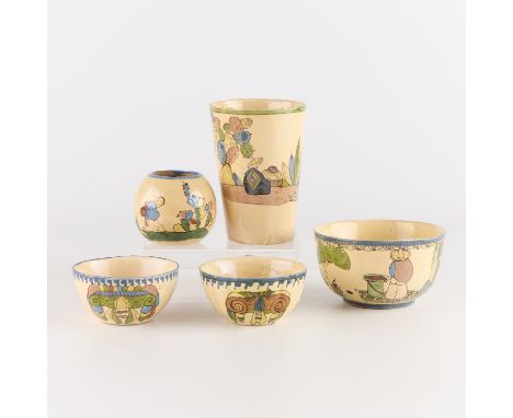 Group of five vintage Mexican folk art tourist pottery yellow Tlaquepaque ceramic vessels, ca. 1940s. The tumbler glass, bowl