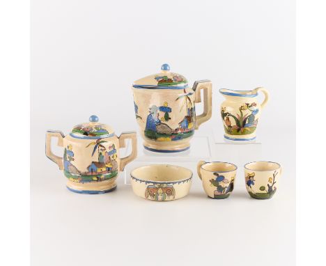 Set of six vintage Mexican folk art tourist pottery Tlaquepaque ceramic tea ware serving vessels, ca. 1940s. Each vase depict