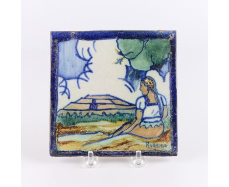 Casa Rugerio, Puebla. Vintage Mexican talavera ceramic folk art pictorial tile depicting a seating woman looking at a stepped