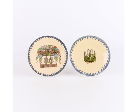 Group of two vintage Mexican folk art "Tlaquepaque" tourist pottery plates, each depicting Aztec motifs along a central medal