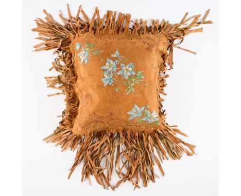 Vintage suede or leather throw pillow depicting painted blue floral motifs, ca. 1915. Inscribed "Telluride, Colo[rado]" along