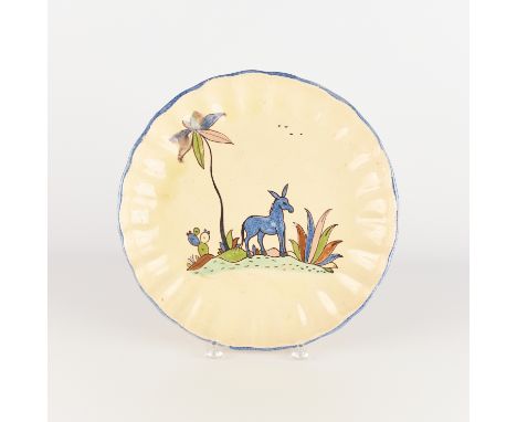 Large vintage Mexican folk art "Tlaquepaque" tourist pottery scalloped charger plate or serving platter depicting a blue burr