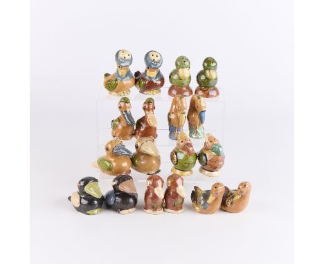 Large group of vintage folk art Mexican "Tlaquepaque" tourist pottery salt and pepper shakers in the form of various birds su