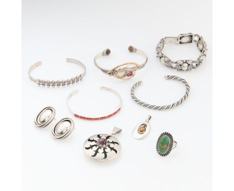 Group of nine pieces of Mexican, Southwest &amp; Other silver including:One pair of Mexican sterling oval form stud earrings 