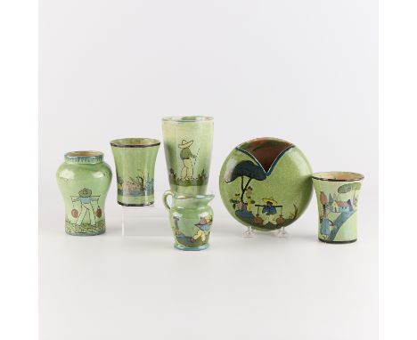 Set of six vintage Mexican folk art tourist pottery green "Tlaquepaque" vessels, ca. 1930s. Including three tumbler glasses, 