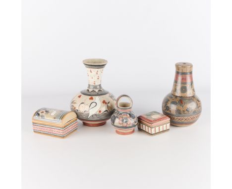 Group of five vintage Mexican folk art burnished "Tonala" style brunido tourist pottery vessels, 20th century. Including a ca