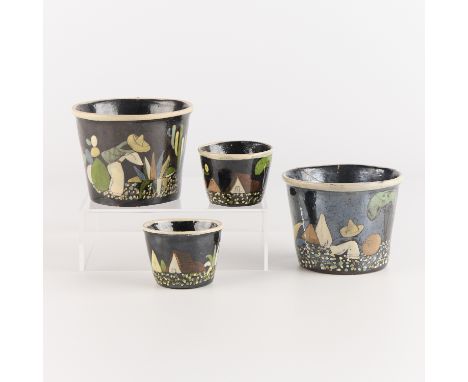 Josefina Arias de Pedretti, Jalisco. Set of four folk art Mexican black "Tlaquepaque" tourist pottery flower pot or planter v
