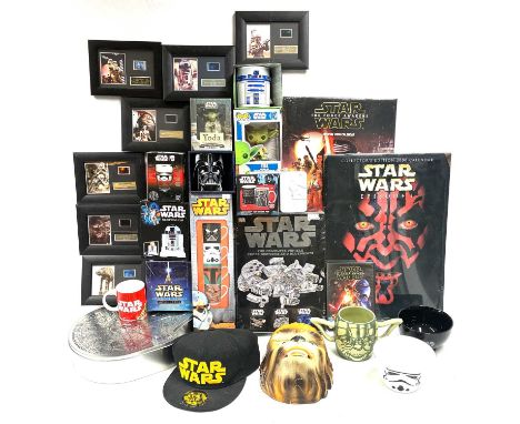 Large quantity of modern Star Wars collectables including Framed limited edition Filmcells, Yoda POP, Mugs, Blueprint set, Ba