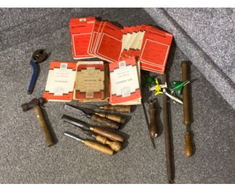 Vintage Sheffield steel wood chisels, other tools and a quantity of ordnance survey maps