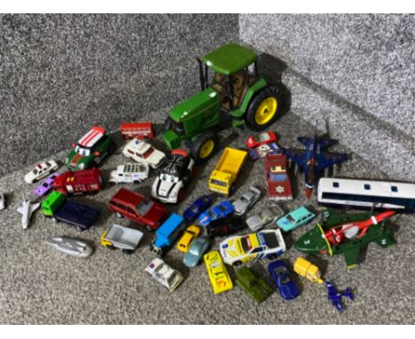 Box containing a Selection of Miscellaneous die cast toys inc thunderbirds, corgi &amp; large tractor etc