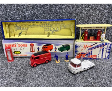 A wardie product diecast model (Esso) filling station with original box together with a Corgi truck &amp; part Dinky toys gif