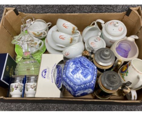 Mixed box lot containing Ringtons ginger jar &amp; teapot, glass RCR ballerina, Royal Worcester &amp; Japanese geisha girl te