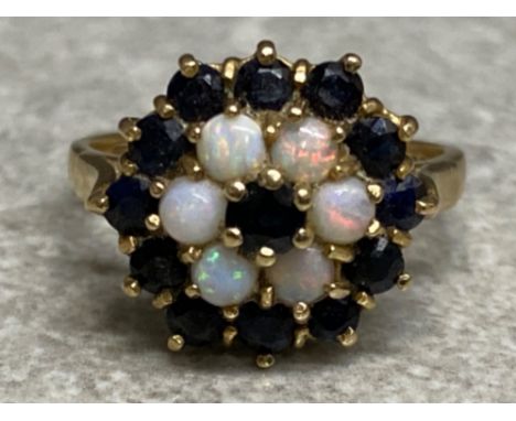 9ct yellow gold Opal &amp; sapphire cluster ring, comprising of 6 opals &amp; 14 sapphires, boxed