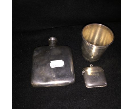 A silver hip-flask, small tumbler and Vesta case