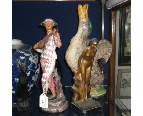 A glazed ceramic study of a Mallard, an Art Deco plaster figure and similar items