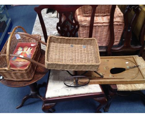 A Vintage japanned iron child's cart, a bagatelle game and similar items