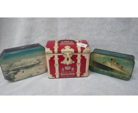 An early 20th century Russian tea tin in the form of a travel trunk and two other tins (3)