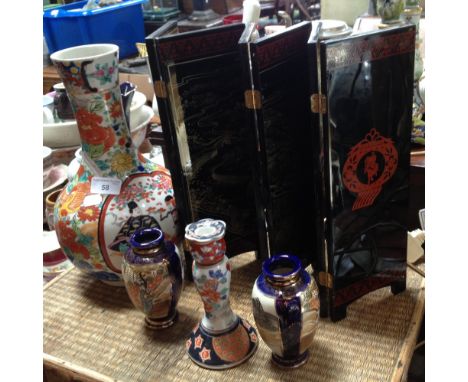 An Oriental bottle vase, a pair of Japanese vases, a candlestick and a small table screen