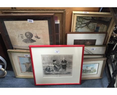 A 19th century French lithograph 'Les Baigneuses Prudentes', together with a collection of pictures and prints