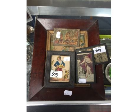 A 19th century framed print, another similar and two Stevengraphs