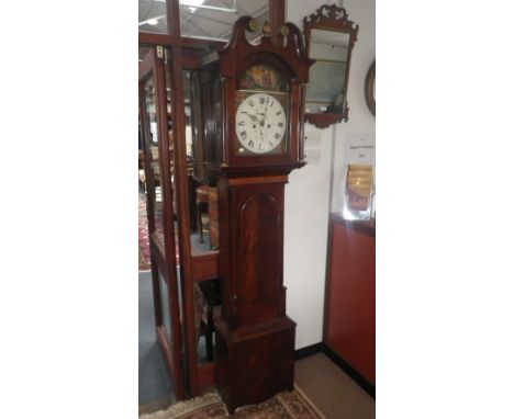 A George III Scottish longcase clock, with mahogany case and painted dial, signed 'Wm Thompson, Dalkeith', the arch painted w