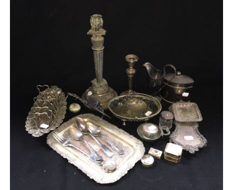 A quantity of silver and plated ware including an oval tea caddy, candlesticks and other items
