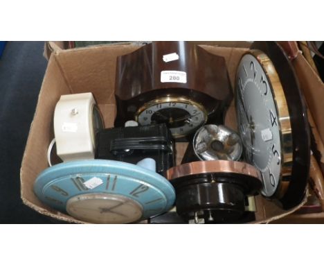 A vintage Smith's Enfield Bakelite mantel clock and other various clocks, an Ambassador camera and Bakelite ashtray 