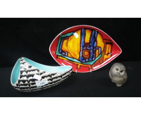 A Beswick dish a Poole pottery owl ornament and a Poole pottery dish (3)