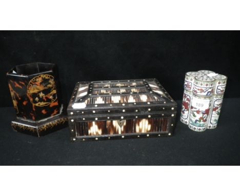 A Japanese cloisonné enamel jar and cover, a porcupine quill box and a simulated tortoiseshell brush pot (3) 