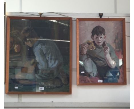 An indistinctly signed portrait of a young boy, gouache on paper, dated 1959, together with another similar