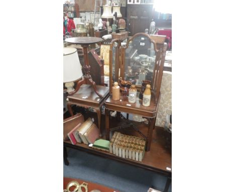 A mahogany tripod table, two occasional tables, a coffee table and a triple dressing mirror