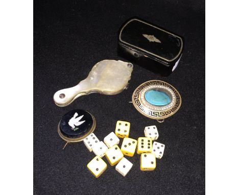 A micro mosaic brooch decorated with a dove, a papier mache snuff box and other items 