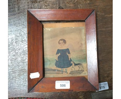 A naive Victorian watercolour portrait of a small boy with a pull-along horse, with label 'William Smith, aged about 3, born 