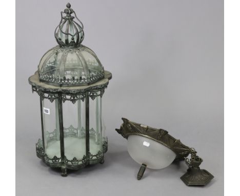 A silvered-metal hall lantern, 12” wide x 25” high, slight faults; &amp; a similar ceiling light fitting, 14” diameter.