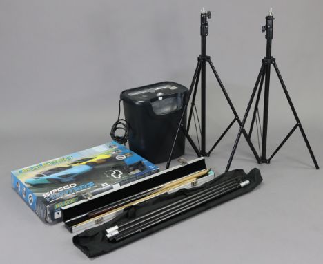 A Scalextric “Speed Hunters” racing car set, boxed; together with a Photo Geeks camera tripod; a two-piece snooker cue, both 