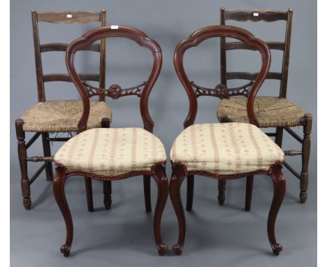 A pair of Victorian-style balloon-back dining chairs with padded seats, &amp; on slender cabriole legs; &amp; a pair of ladde