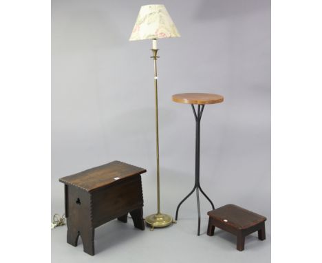 An oak box-seat stool, 20” wide; together with an occasional table; a standard lamp; a footstool, etc. 