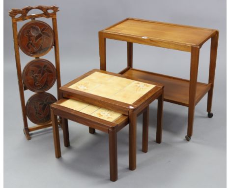 A teak rectangular two-tier tea trolley on square tapered supports with castors, 28” wide x 25” high; together with a folding