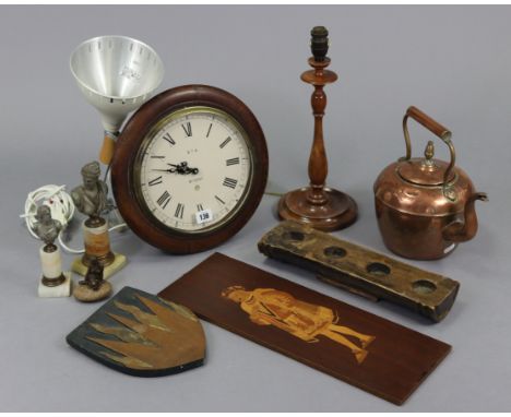 A 19th century-style wall clock the white dial inscribed “BTA BRISTOL”, &amp; in a pine case, 12” diameter; a copper circular