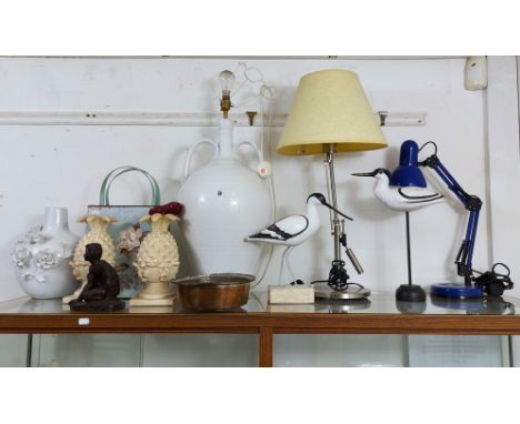 Four table lamps; an anglepoise table lamp; two wooden trinket boxes; various decorative ornaments.